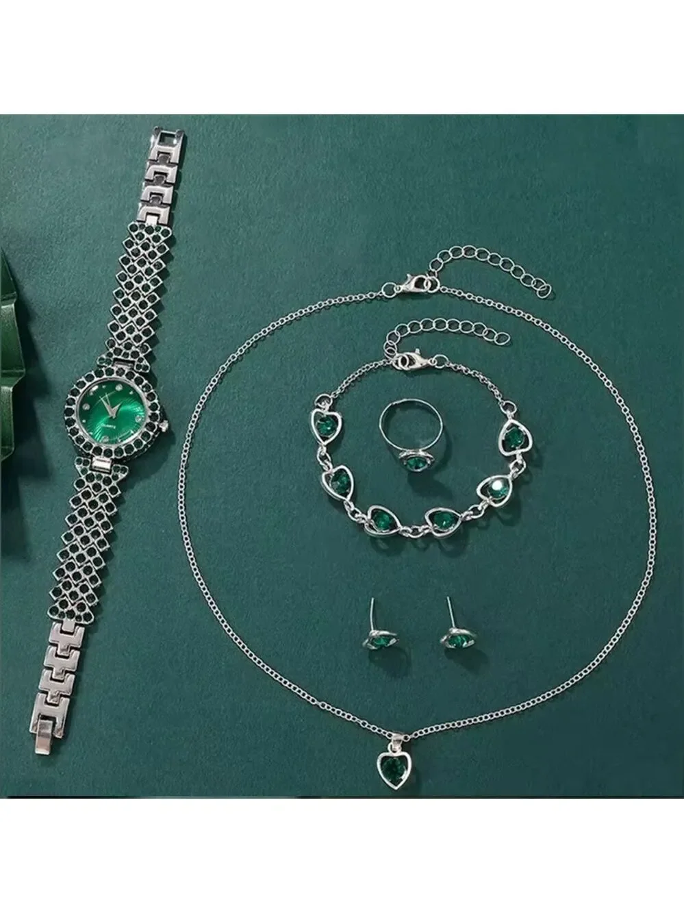 Elegant Green Rhinestone Hearts & Silver Women's Jewelry Set of 5- Quartz Watch